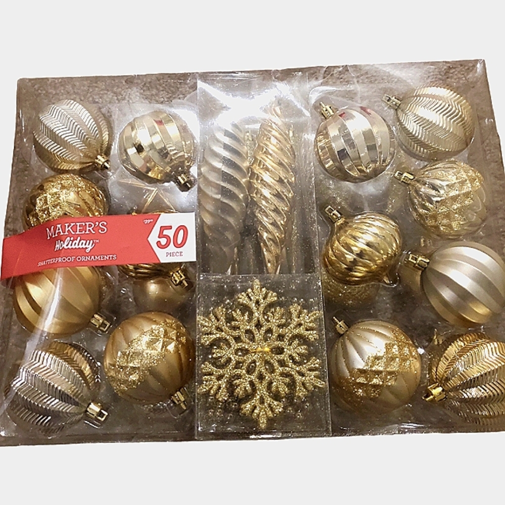 Maker's Holiday Shatterproof Ornaments Gold 50 Piece